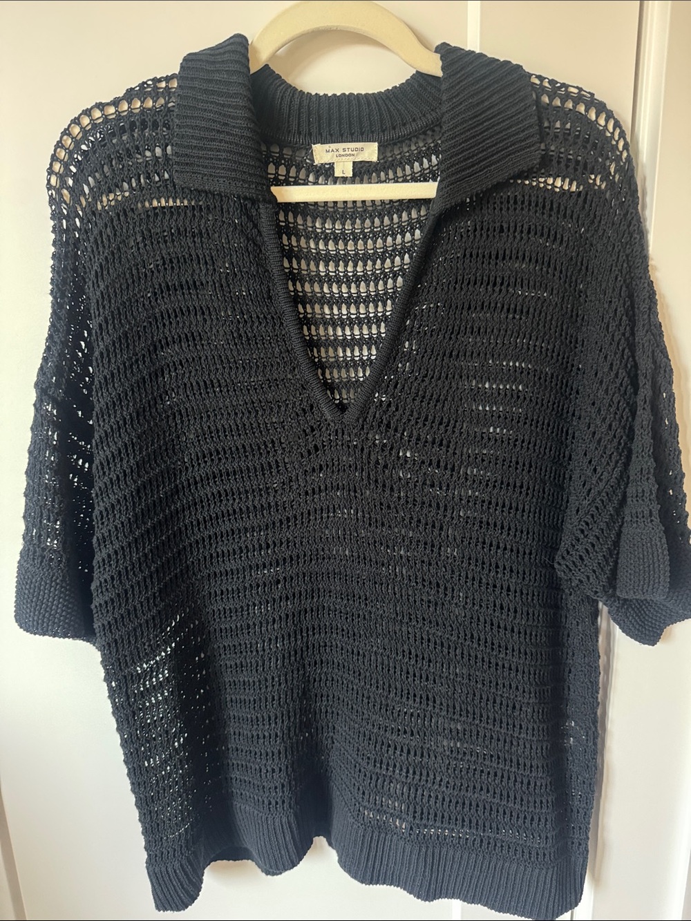 Max Studio Black Open-Knit V-Neck Polo Sweater Top